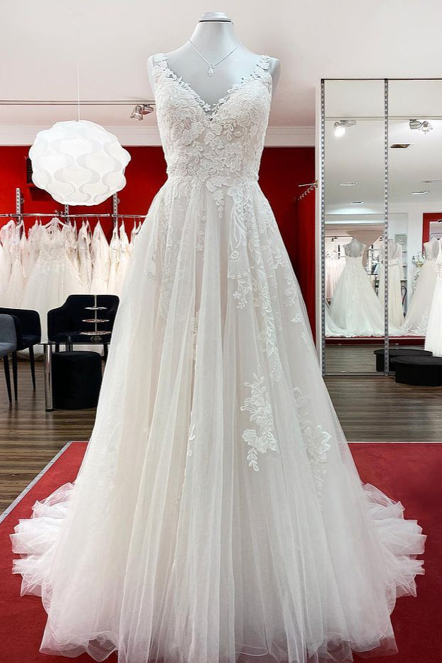 Graceful Long A-line Tulle V-Neck Wedding Dress with Lace Ruffles-BallBride