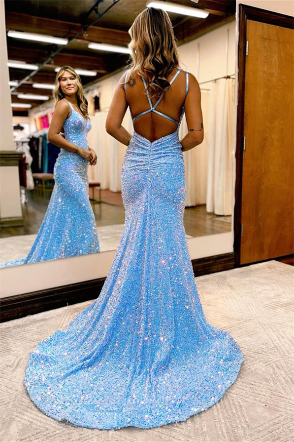 Grad Party Ready: Blue Mermaid Evening Dress with Red & Black Open Back-BallBride