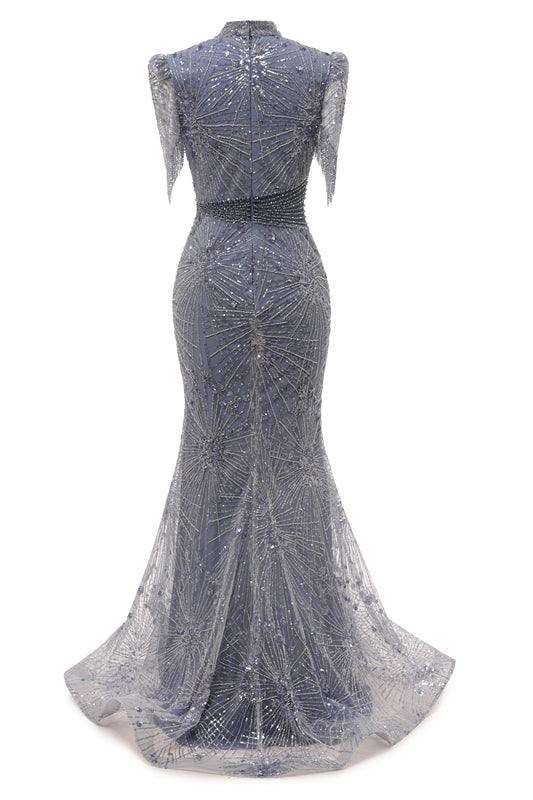 Gray Mermaid Sparkle Half Sleeves V-neck High neck Evening Dresses-BallBride