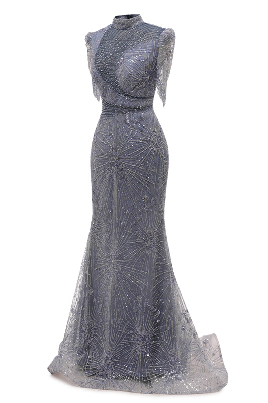 Gray Mermaid Sparkle Half Sleeves V-neck High neck Evening Dresses-BallBride