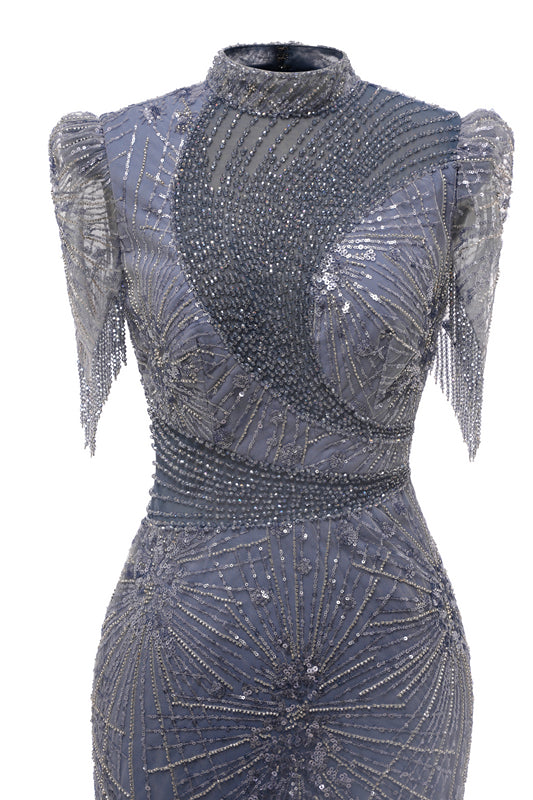Gray Mermaid Sparkle Half Sleeves V-neck High neck Evening Dresses-BallBride