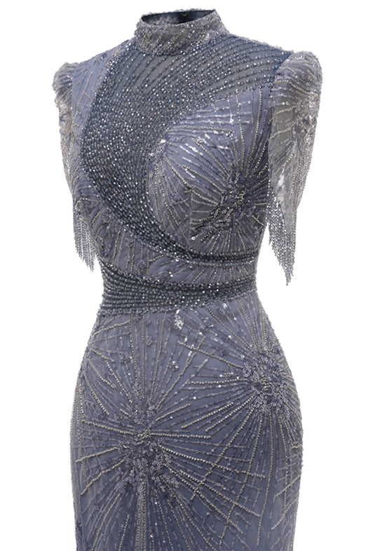 Gray Mermaid Sparkle Half Sleeves V-neck High neck Evening Dresses-BallBride