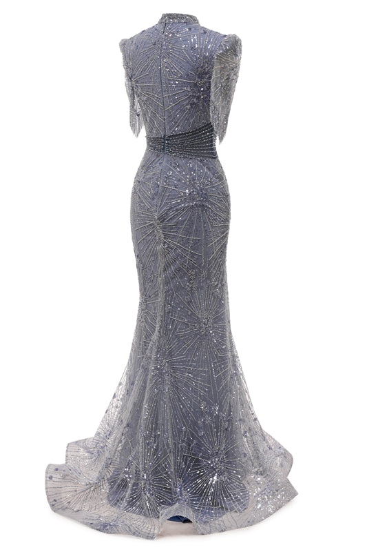 Gray Mermaid Sparkle Half Sleeves V-neck High neck Evening Dresses-BallBride