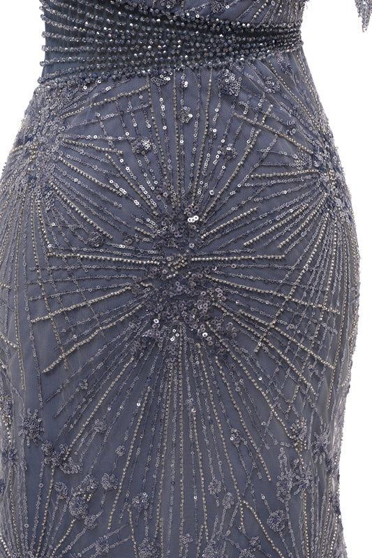Gray Mermaid Sparkle Half Sleeves V-neck High neck Evening Dresses-BallBride