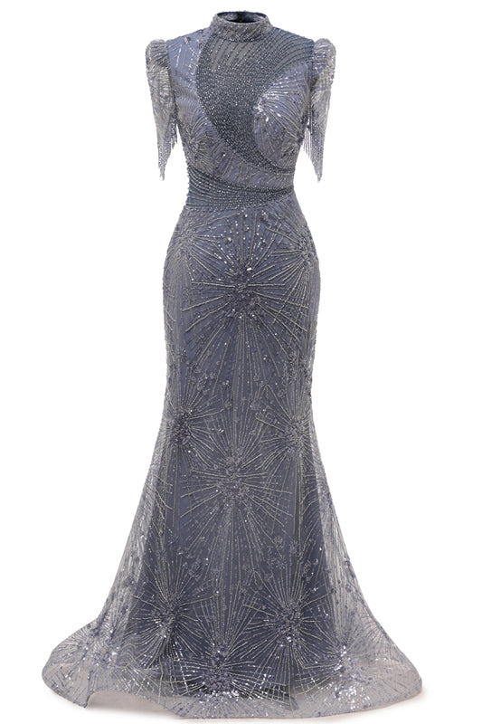 Gray Mermaid Sparkle Half Sleeves V-neck High neck Evening Dresses-BallBride