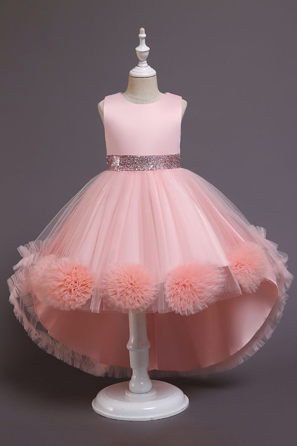 Green Jewel Hi-Lo Flower Girl Dress with Appliques-BallBride