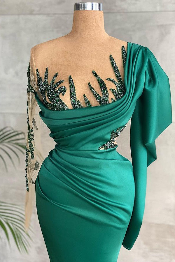 Green Long Sleeves Prom Dress With Mermaid Appliques-BallBride
