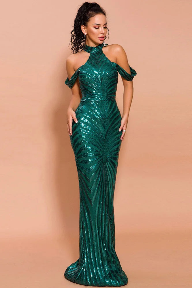Green Sequins Halter Prom Dress Mermaid Long Evening Party Gowns-BallBride