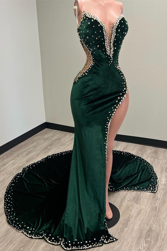 Green V-Neck Appliques Mermaid Prom Dress with Beaded Waist-Skimming Split-BallBride