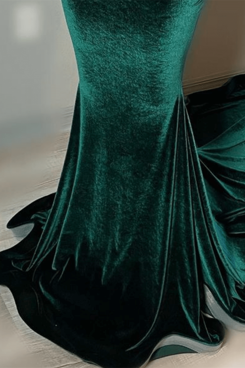Green Velvet Mermaid Beadings Sheer Tulle Sexy Prom Dress-BallBride