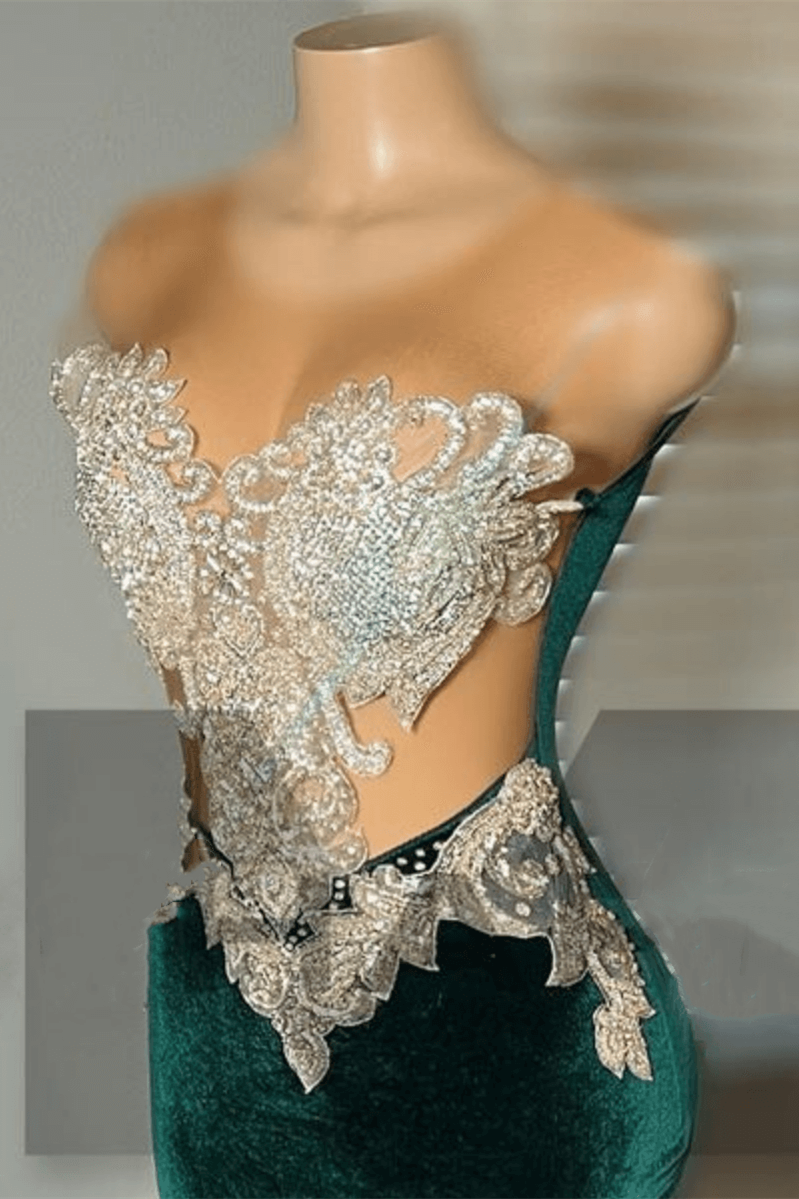 Green Velvet Mermaid Beadings Sheer Tulle Sexy Prom Dress-BallBride