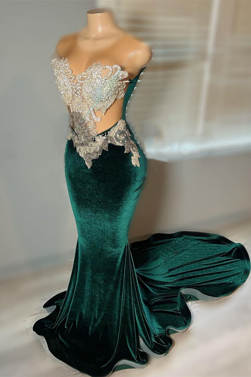 Green Velvet Mermaid Beadings Sheer Tulle Sexy Prom Dress-BallBride
