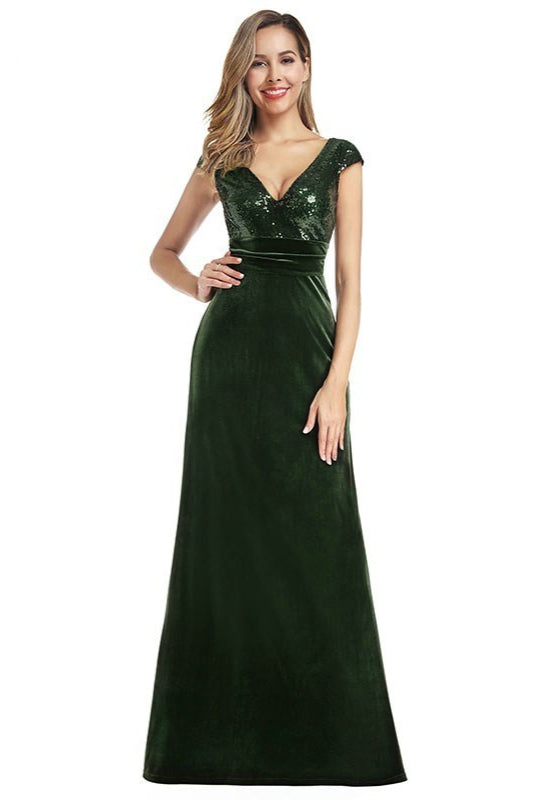 Green Velvet Mermaid Prom Dresses with Short Sleeves-BallBride