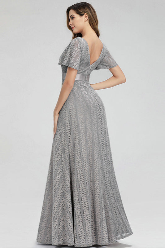 Grey Short Sleeve Lace Long Prom Dress Online-BallBride
