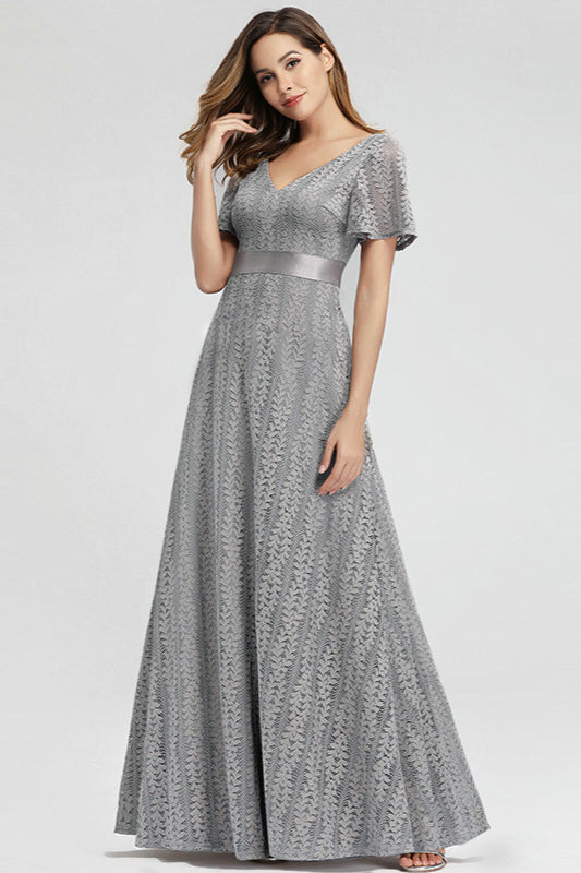 Grey Short Sleeve Lace Long Prom Dress Online-BallBride