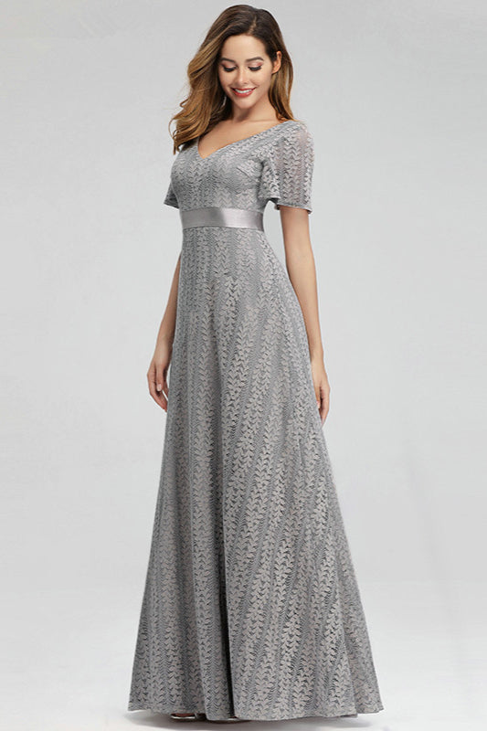 Grey Short Sleeve Lace Long Prom Dress Online-BallBride