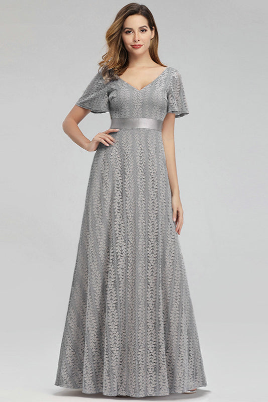 Grey Short Sleeve Lace Long Prom Dress Online-BallBride
