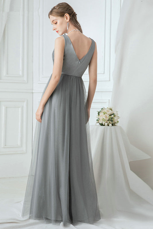 Grey V-Neck Sleeveless Prom Dress with Long Tulle Appliques-BallBride
