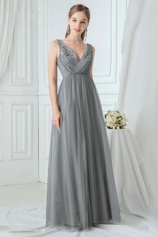 Grey V-Neck Sleeveless Prom Dress with Long Tulle Appliques-BallBride