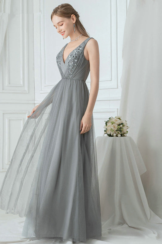 Grey V-Neck Sleeveless Prom Dress with Long Tulle Appliques-BallBride