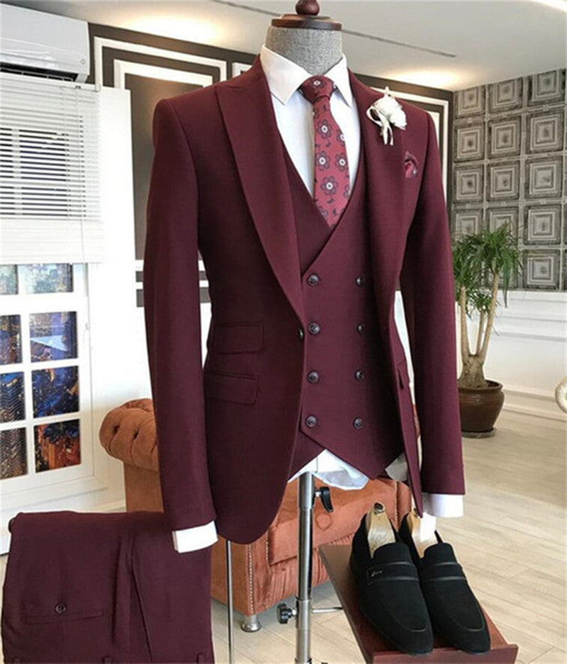 Groom in Style: Morden Burgundy Three Pieces Prom Suit With Peaked Lapel-BallBride