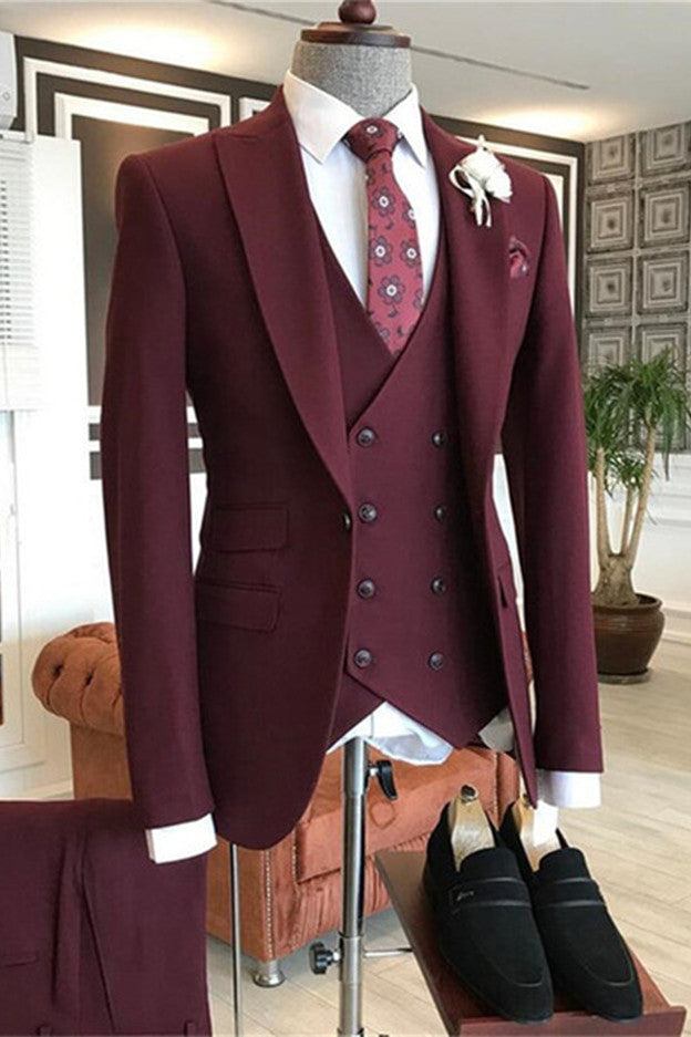 Groom in Style: Morden Burgundy Three Pieces Prom Suit With Peaked Lapel-BallBride