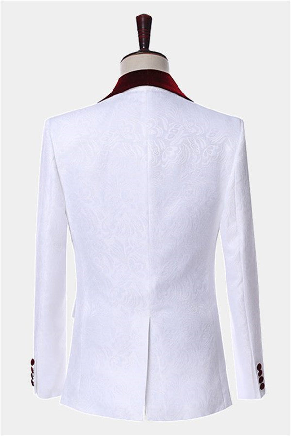 Groom Prom Suit - Burgundy Lapel White Jacquard-BallBride