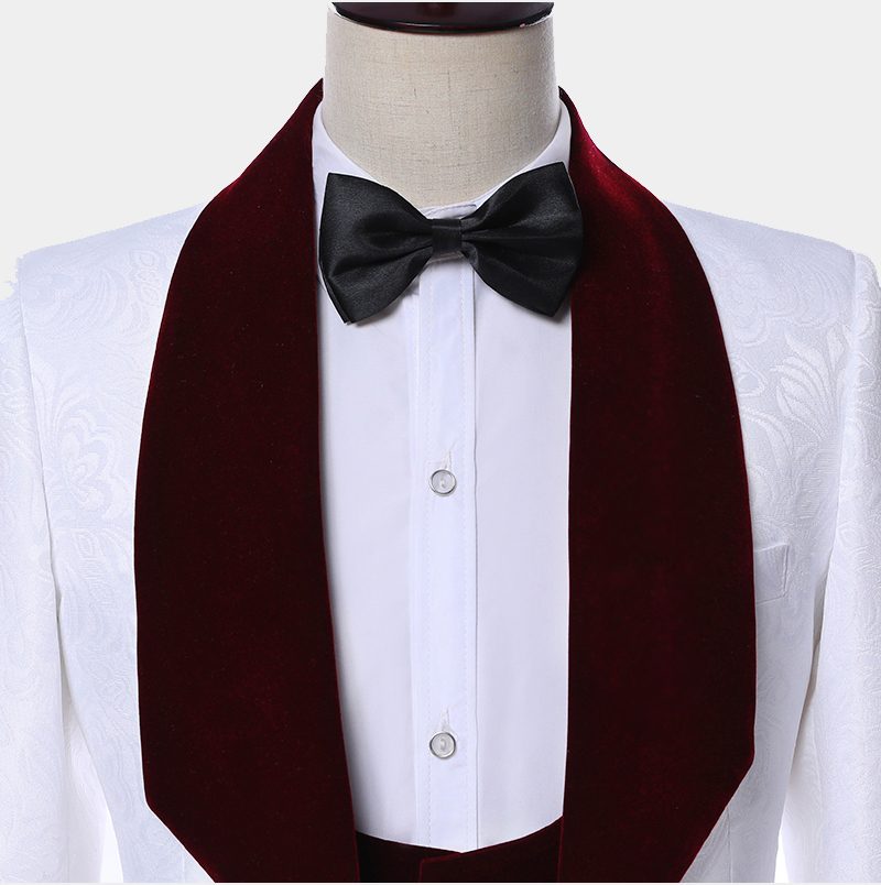 Groom Prom Suit - Burgundy Lapel White Jacquard-BallBride