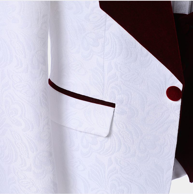 Groom Prom Suit - Burgundy Lapel White Jacquard-BallBride