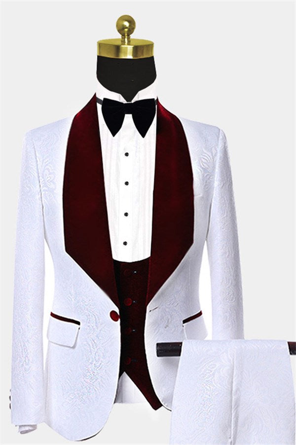 Groom Prom Suit - Burgundy Lapel White Jacquard-BallBride