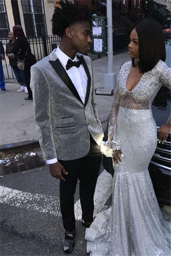 Groom Suit - Two Piece Peaked Lapel with Glitter Silver Sequins-BallBride