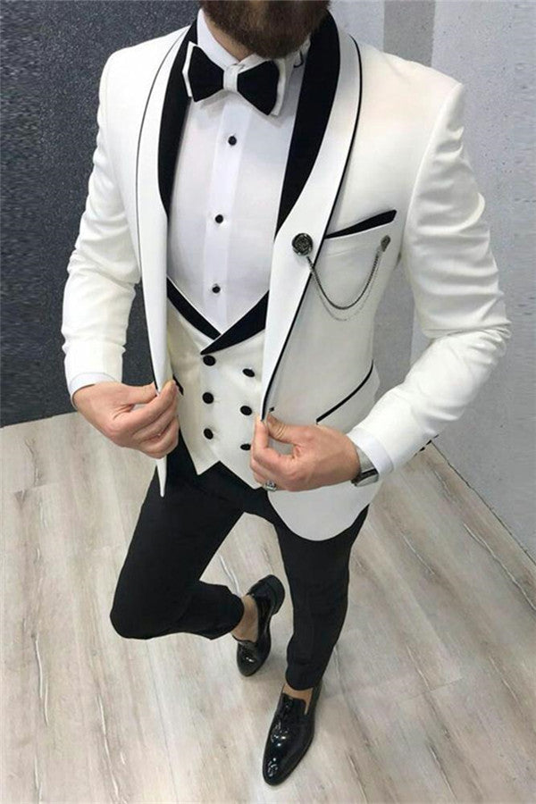 Groom Suits for Men3 Pieces - White Wedding Tuxedos with Black Lapel-BallBride
