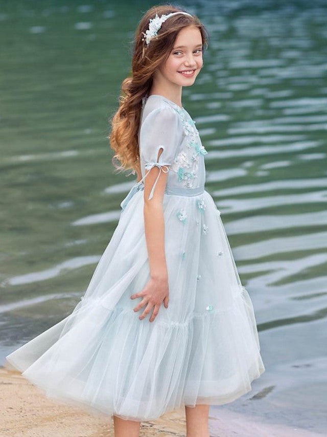 Half Sleeve A-Line Flower Girl Dress with Tulle and Appliques-BallBride