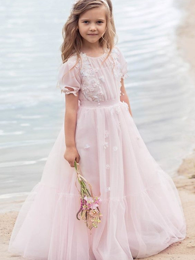 Half Sleeve A-Line Flower Girl Dress with Tulle and Appliques-BallBride