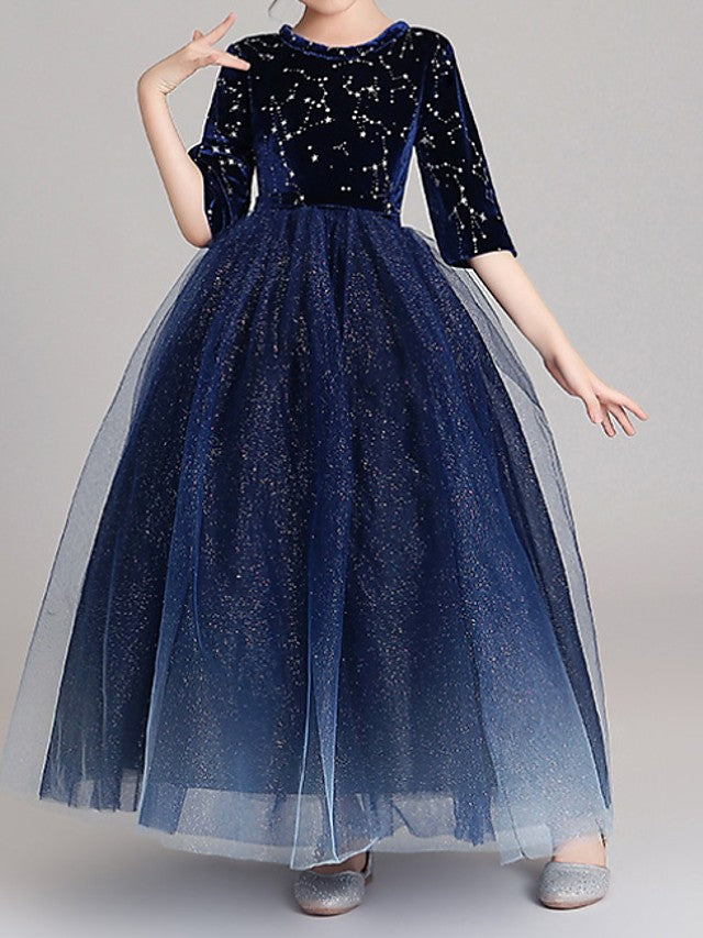 Half Sleeve Jewel Ball Gown Floor Length Flower Girl Dresses in Polyester With Paillette-BallBride