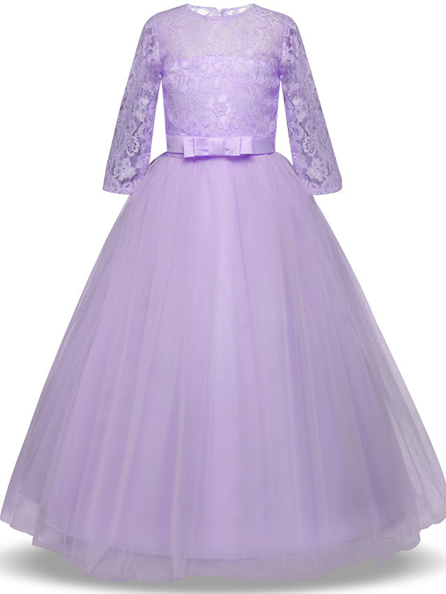 Half Sleeve Jewel Long Length Flower Girl Dress with Lace Tulle and Lace Belt Bow-BallBride