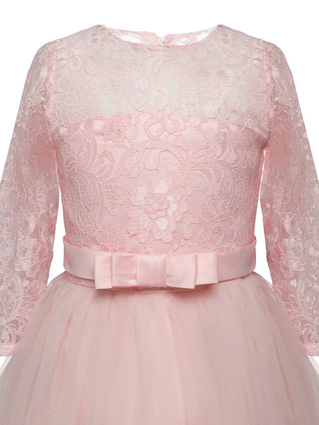 Half Sleeve Jewel Long Length Flower Girl Dress with Lace Tulle and Lace Belt Bow-BallBride