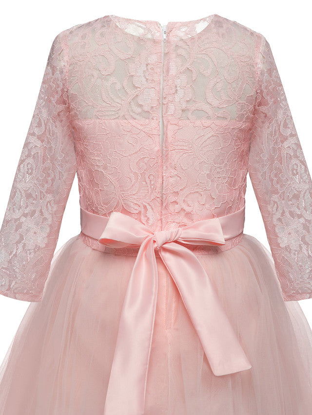 Half Sleeve Jewel Long Length Flower Girl Dress with Lace Tulle and Lace Belt Bow-BallBride