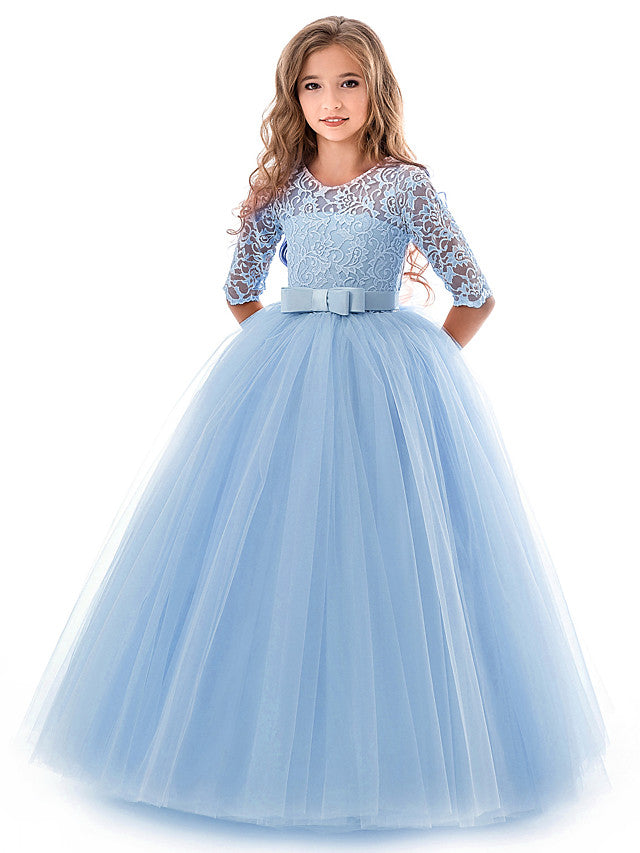 Half Sleeve Jewel Long Length Flower Girl Dress with Lace Tulle and Lace Belt Bow-BallBride