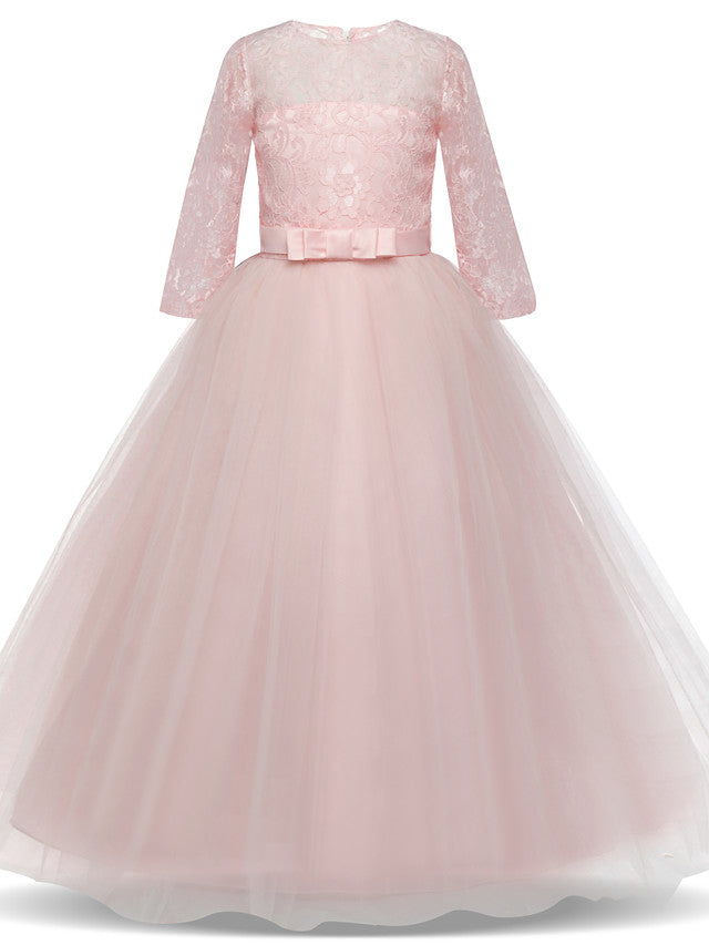 Half Sleeve Jewel Long Length Flower Girl Dress with Lace Tulle and Lace Belt Bow-BallBride