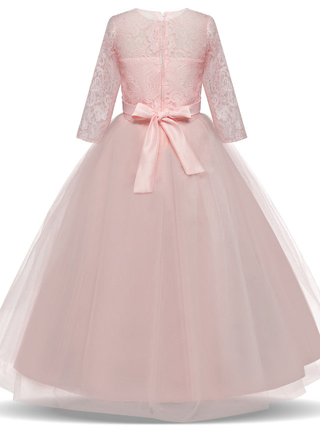 Half Sleeve Jewel Long Length Flower Girl Dress with Lace Tulle and Lace Belt Bow-BallBride