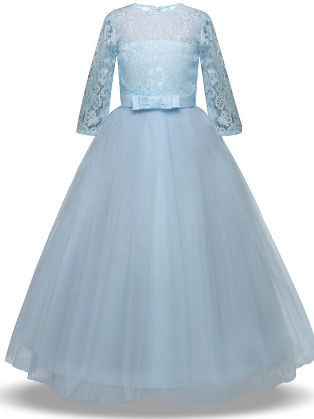 Half Sleeve Jewel Long Length Flower Girl Dress with Lace Tulle and Lace Belt Bow-BallBride