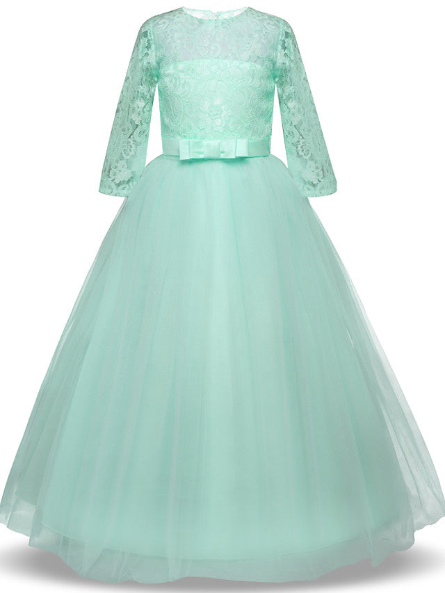 Half Sleeve Jewel Long Length Flower Girl Dress with Lace Tulle and Lace Belt Bow-BallBride