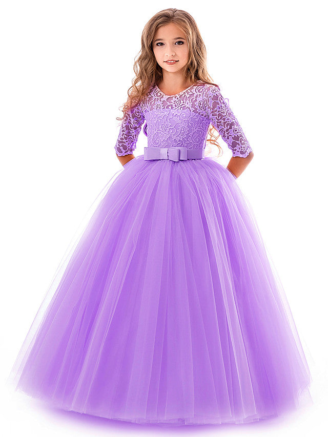 Half Sleeve Jewel Long Length Flower Girl Dress with Lace Tulle and Lace Belt Bow-BallBride