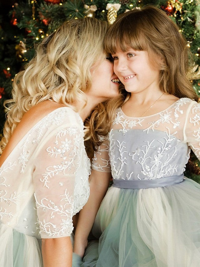 Half Sleeve Jewel Neck A-Line Flower Girl Dress with Lace Tulle and Bow Paillette-BallBride