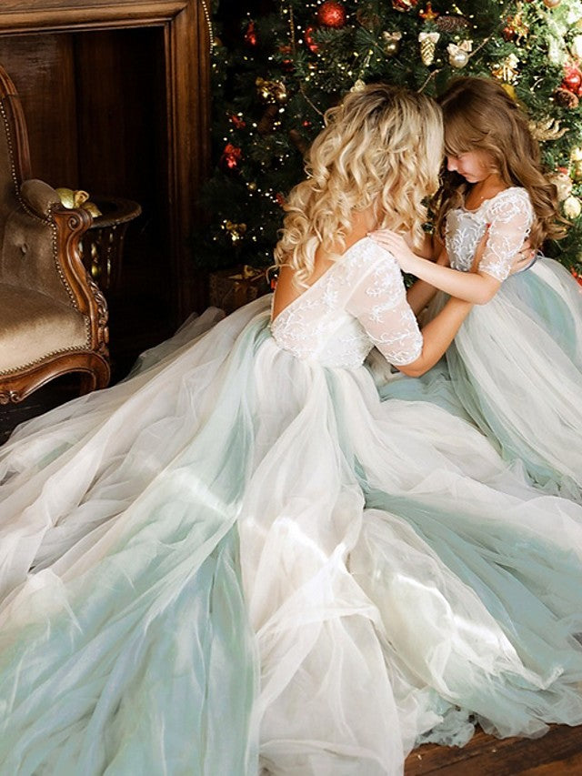 Half Sleeve Jewel Neck A-Line Flower Girl Dress with Lace Tulle and Bow Paillette-BallBride