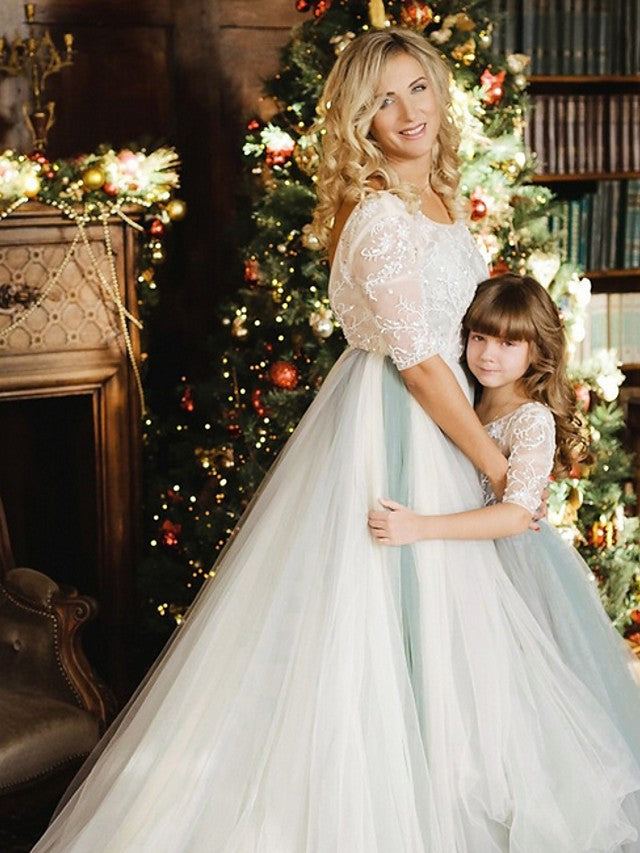 Half Sleeve Jewel Neck A-Line Flower Girl Dress with Lace Tulle and Bow Paillette-BallBride