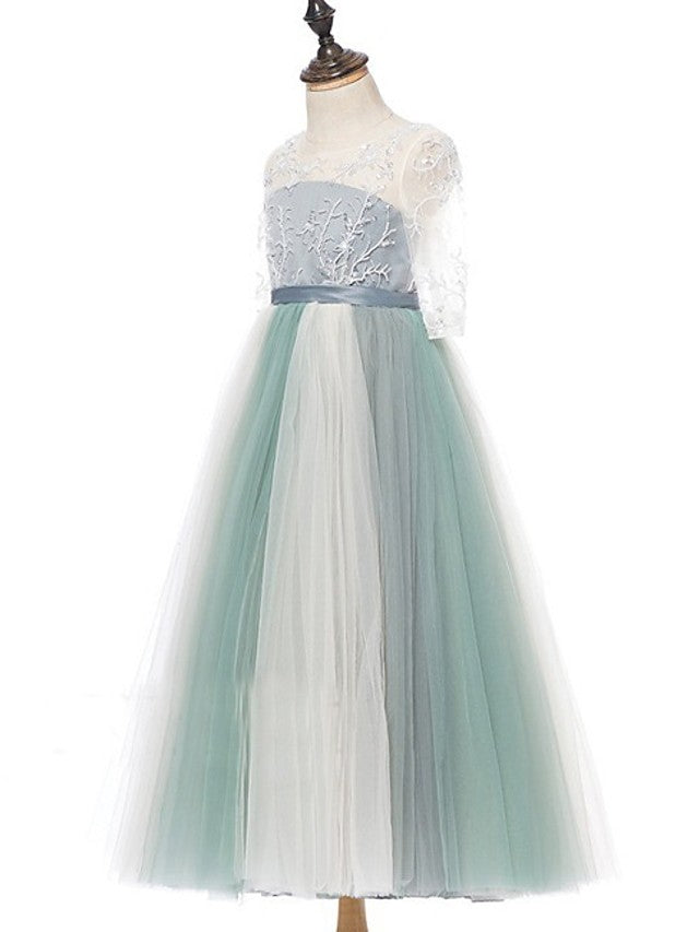 Half Sleeve Jewel Neck A-Line Flower Girl Dress with Lace Tulle and Bow Paillette-BallBride
