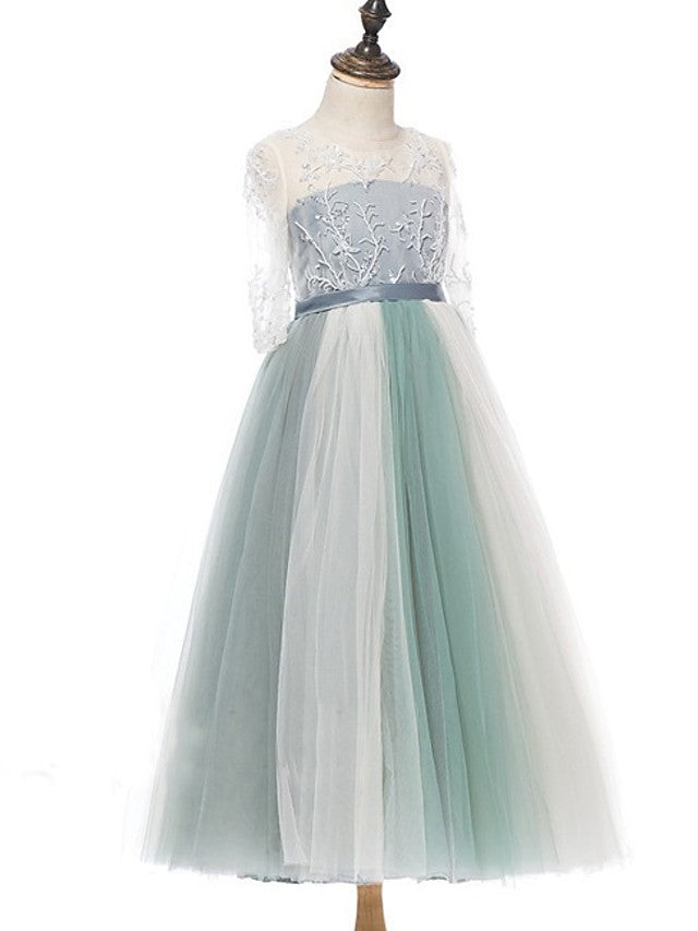 Half Sleeve Jewel Neck A-Line Flower Girl Dress with Lace Tulle and Bow Paillette-BallBride