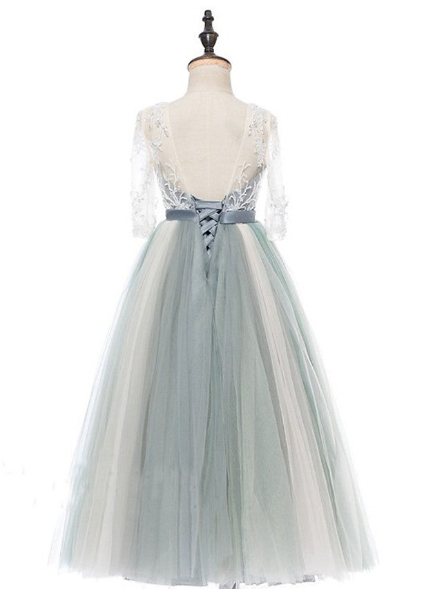 Half Sleeve Jewel Neck A-Line Flower Girl Dress with Lace Tulle and Bow Paillette-BallBride